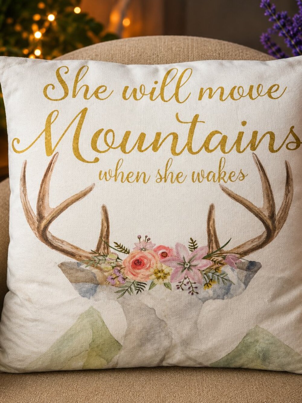 Decorative Pillow Cover with Antler and Floral Design pre loved